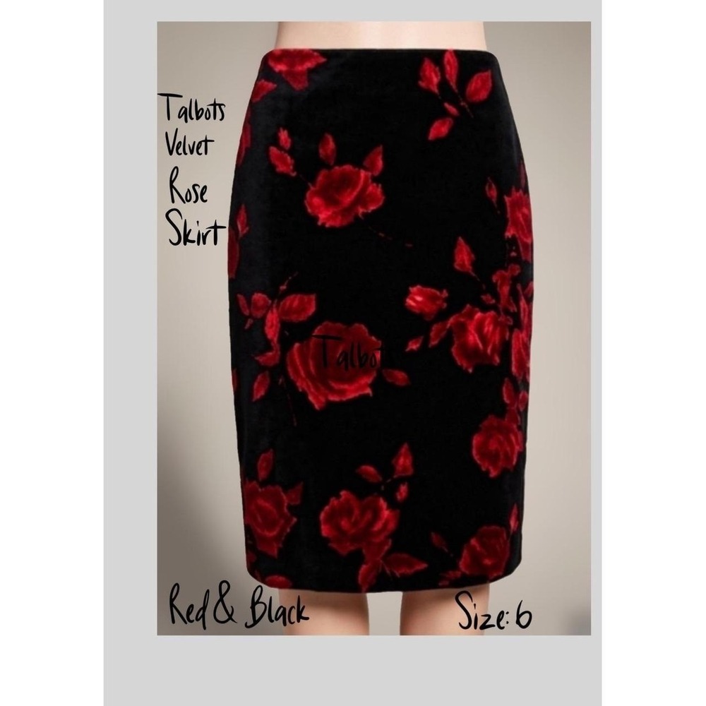 ROMANTIC Black Velvet Red Rose Floral Pencil Skirt Romantic Goth Size 6